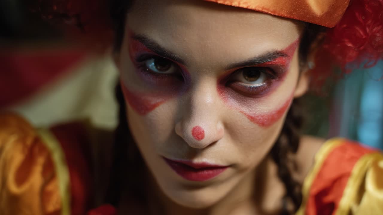 Un ritratto di un clown affascinante che mostra emozioni intense con trucco e costume vivaci, evidenziando le complessità dell'arte performativa e l'espressione del personaggio
