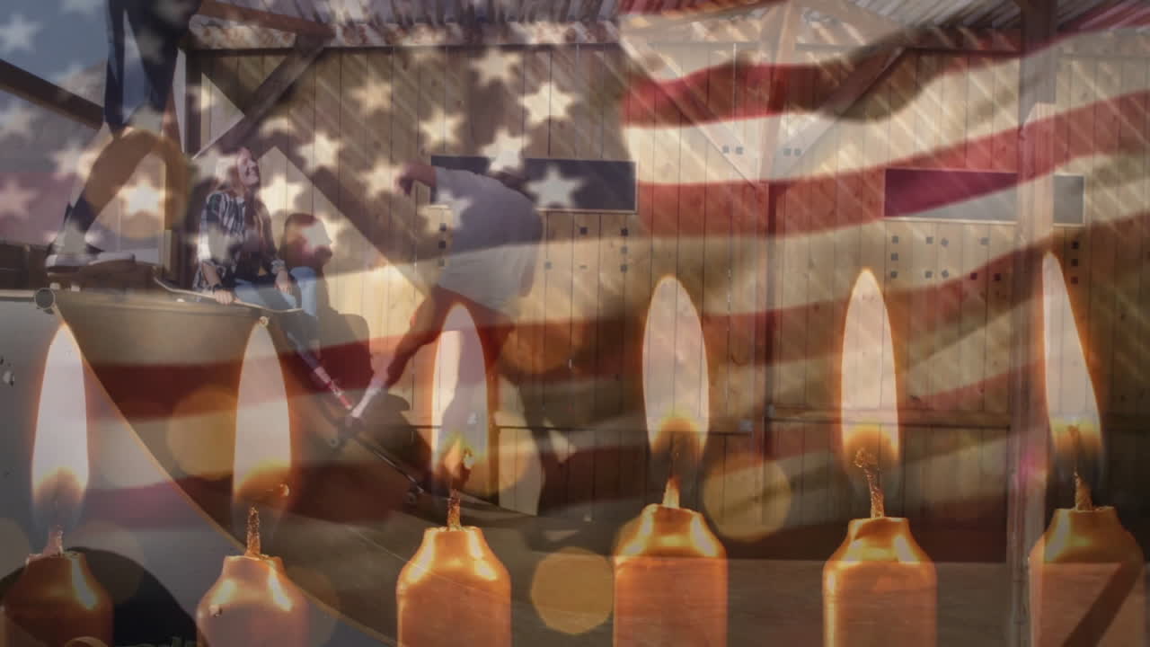sports animators designing skaters doing aerial trick on ramp, overlaying USA flag and lit candles