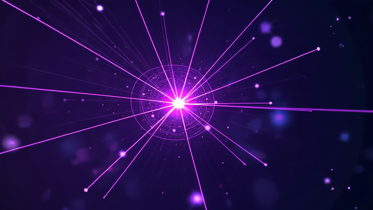 Animation starting particle background, central orb brightening, radiating neon lines, forming grid