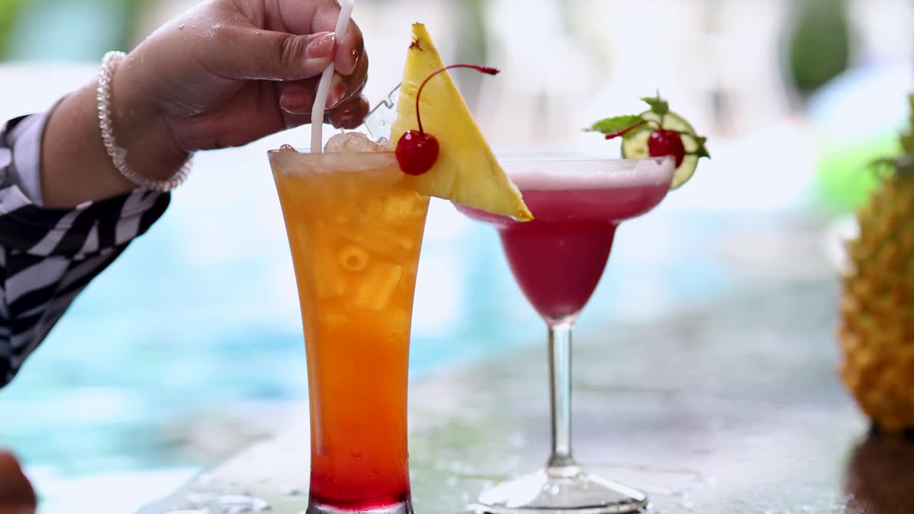 Refreshing drinks prepared at a poolside location