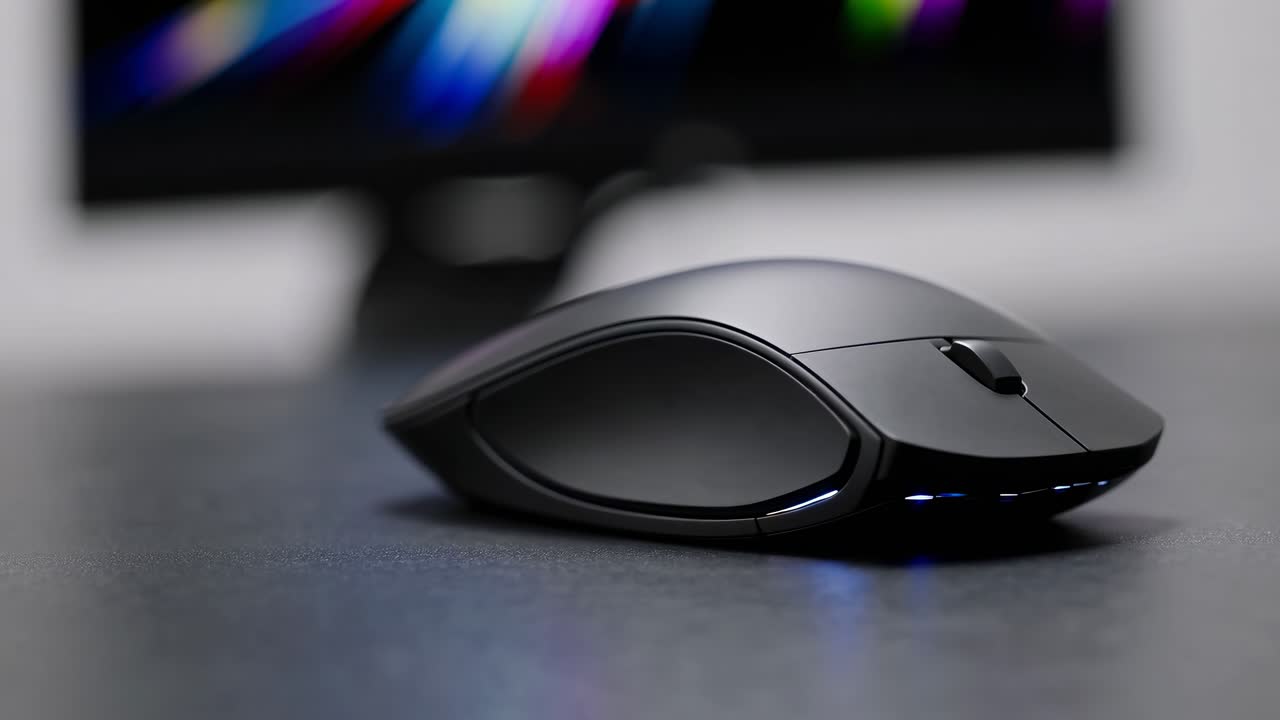 Close-up, low-angle shot of a sleek, modern computer mouse on a desk, with a blurred monitor