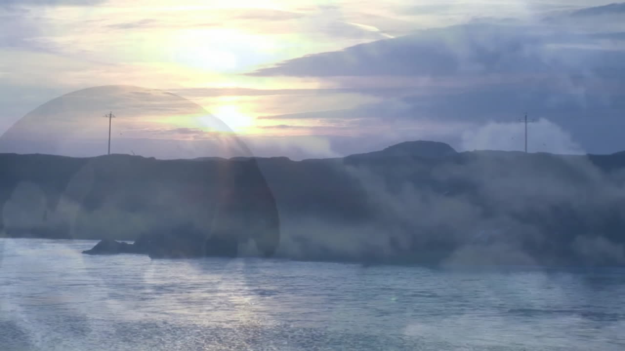 Animated coastal scene featuring pastel sunset mirroring water and pole silhouettes in flat design