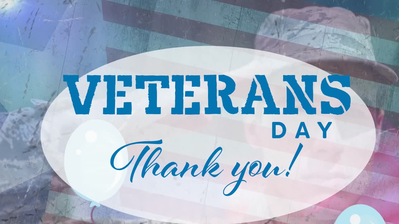 참전용사 날의 애니메이션 감사 메시지 풍선, 백인 남성 군인 및 미국  ⁇ 발