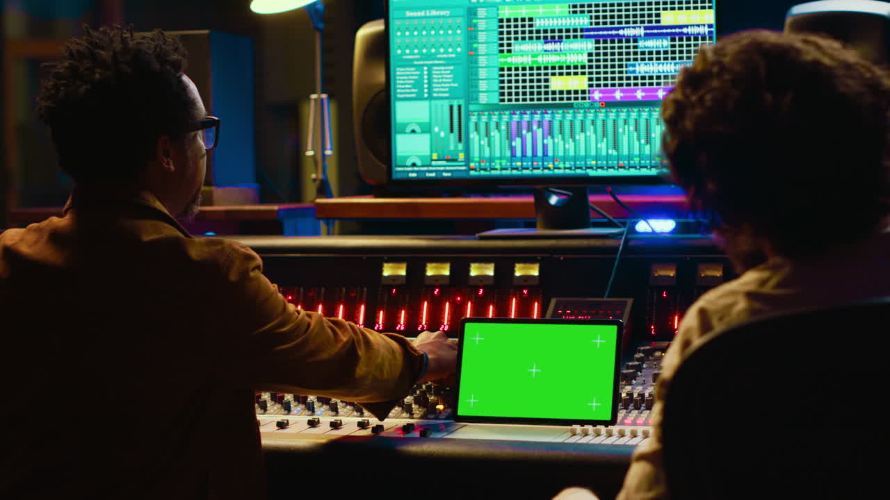 Professional engineer and musician mixing tracks next to isolated display