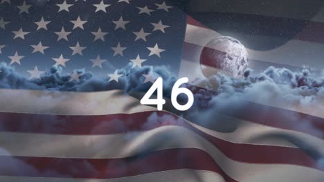 animation of counter numbers over clouds and flag of usa