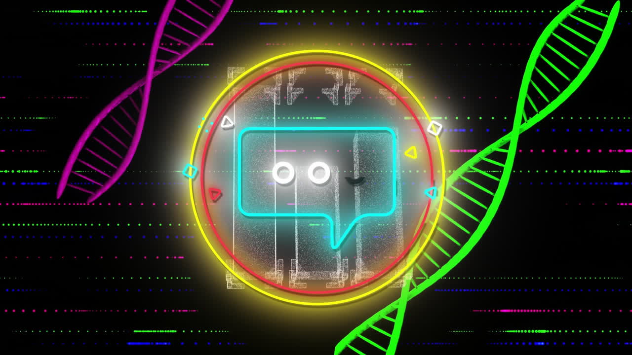 Animation of neon speech bubble with DNA strands on digital coding background
