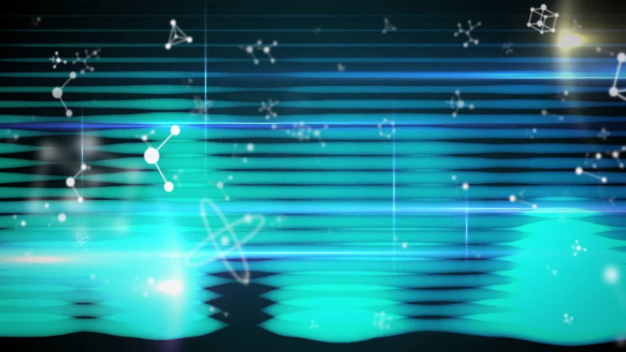 アニメーション化された未来的なデータディスプレイに、ウェーブバー、浮遊する分子ノード、光るリングが表示されている。