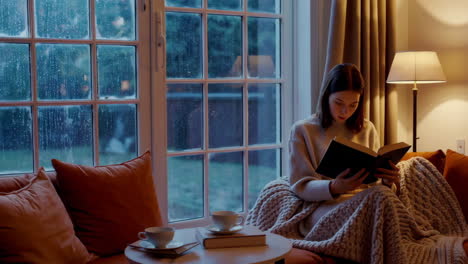 woman reading a book by the window on a cozy rainy day