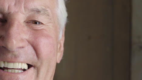 close up portrait of handsome elderly man smiling happy enjoying successful lifestyle satisfaction looking at camera on wooden background half face