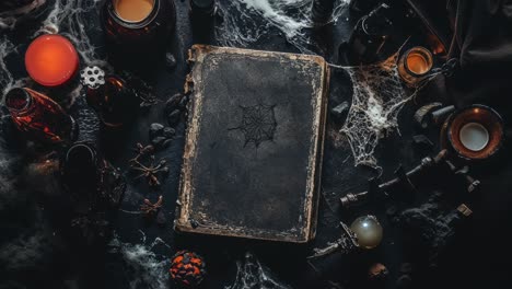 spooky halloween witchcraft setup with old book and potions