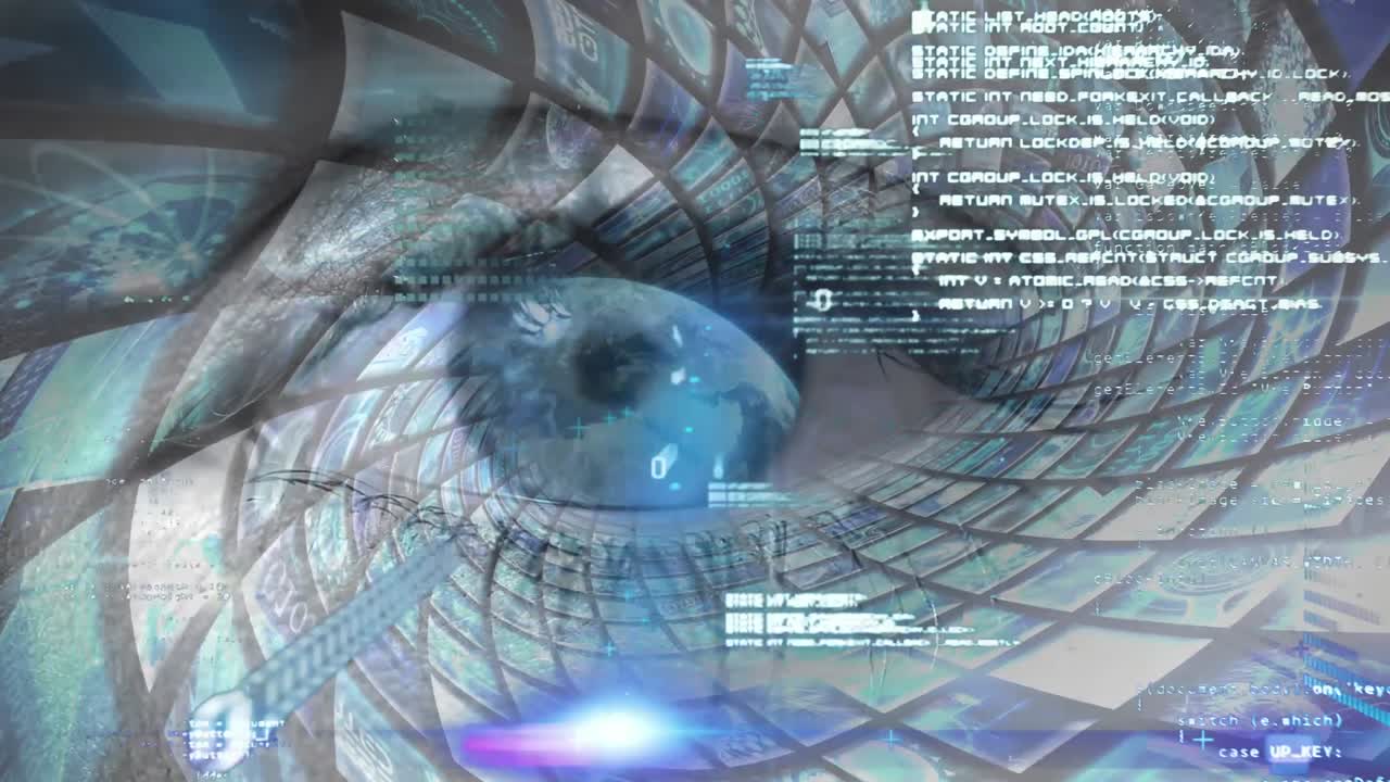animazione di informazioni e dati che si muovono con un occhio che si apre su un tunnel di schermi