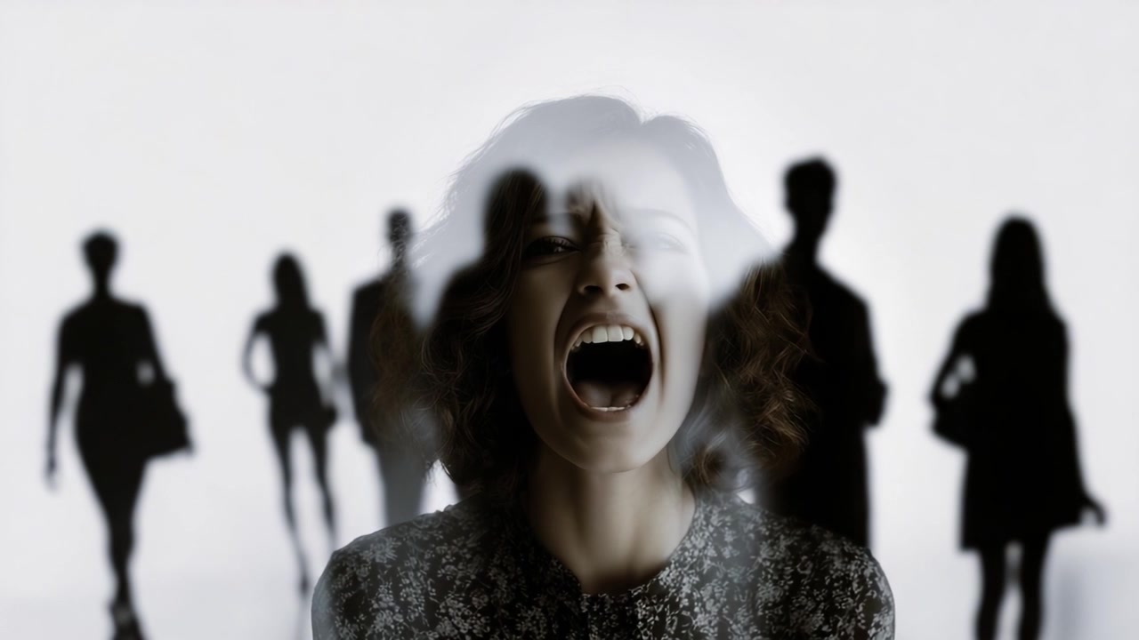 A woman expresses intense emotion, caught in a moment of anguish and frustration, surrounded by shadowy figures that heighten her sense of isolation and despair.