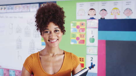 portrait of female elementary school teacher standing in classroom