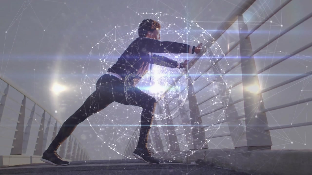 Man stepping onto bridge at dawn initiating globe pulsing while lunging and stretching for fitness