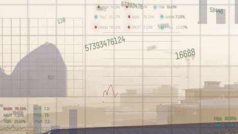 animation of financial data processing over cityscape