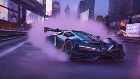 futuristic sports car drifting in a cyberpunk city at night