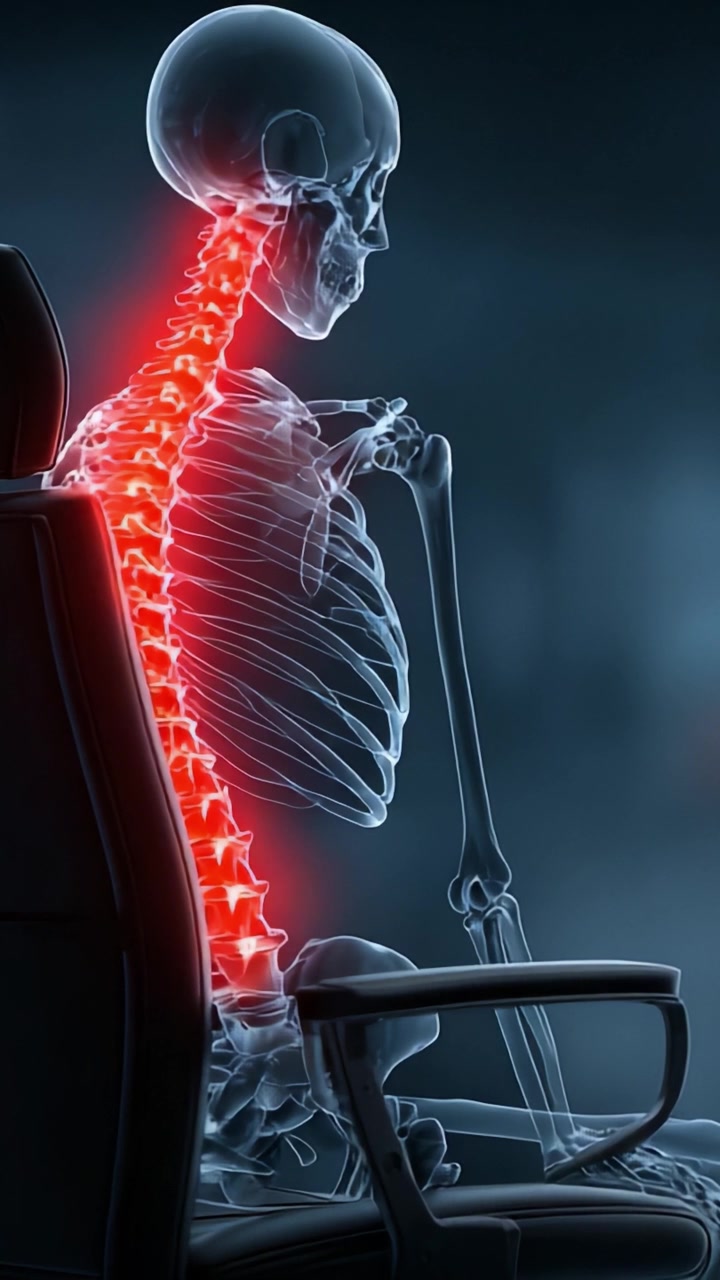 Anatomical Illustration of a Skeletal Figure Seated with Highlighted Spine, Demonstrating Posture and Human Anatomy in a Dark Visual Context