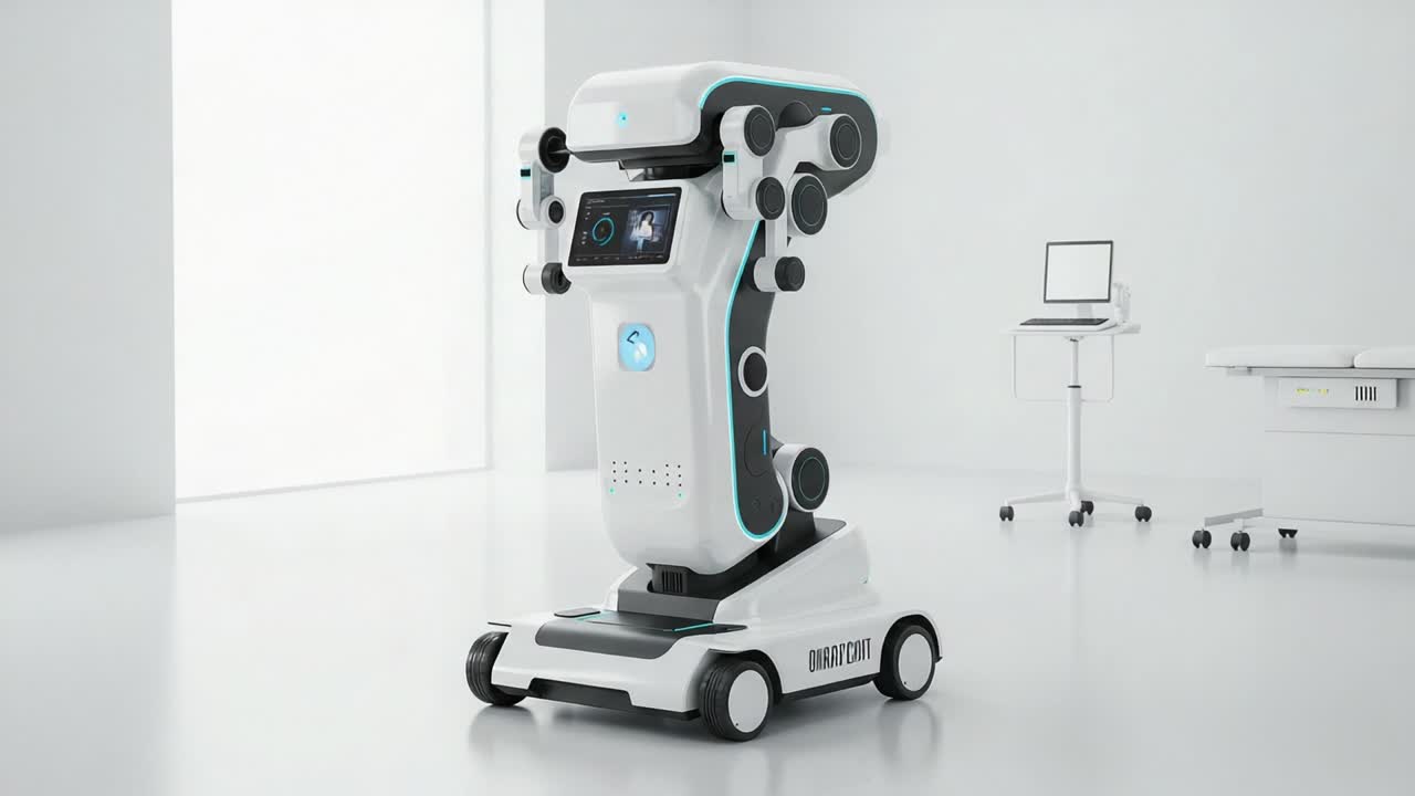 Advanced Robotics: A Futuristic Mobile Robot Showcasing Cutting-Edge Design and Technology in a Spacious, Minimalistic Environment