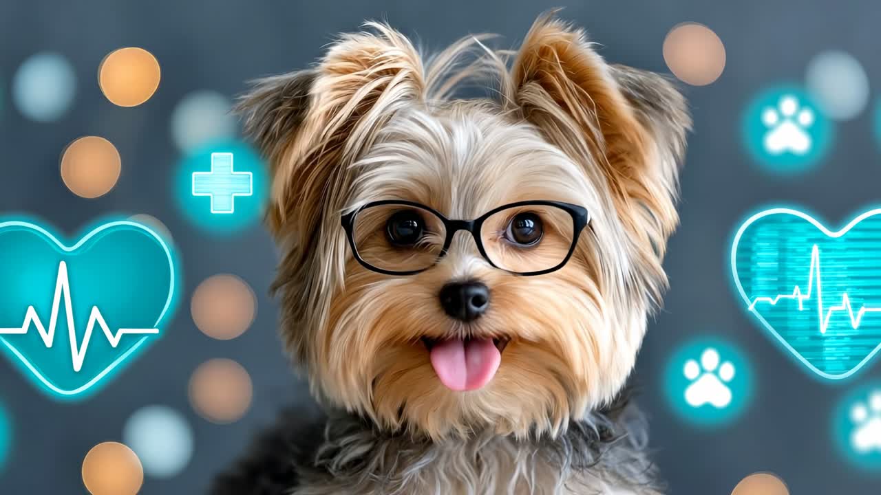 Gözlüklü küçük bir köpek, sağlık sembollerinin bulanık arka planına karşı dili dışarıda, oyunbaz bir şekilde poz veriyor.