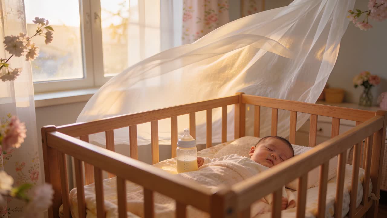 Neonato fasciato che fa un pisolino in una culla vicino a una finestra illuminata dal sole, con la brezza che solleva la tenda, un biberon nelle vicinanze e spazio per il testo.