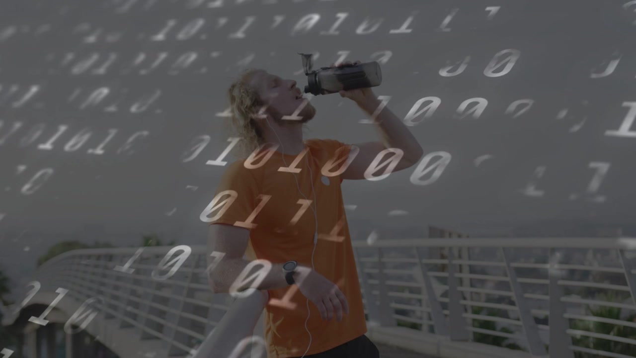Man raising bottle, drinking on bridge, checking lid and time, adjusting buds, binary tech overlay