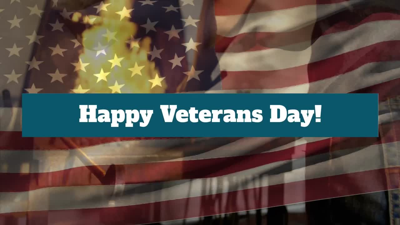 미국 국기 위에 베테랑의 날 텍스트의 애니메이션과 바베큐와 함께 백인 남자