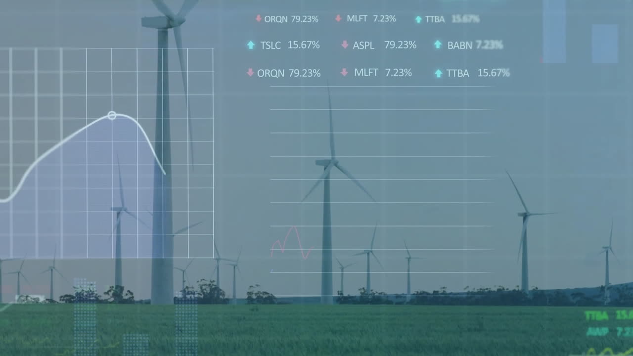 Animation of graphs, loading circles and trading board over windmill on grassy landscape against sky