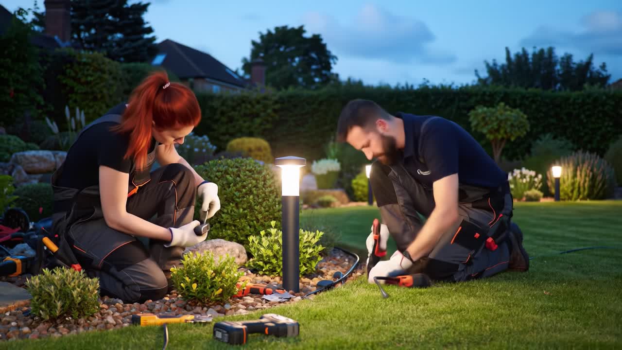 Two workers install garden lights during the evening in a beautifully landscaped yard. They focus on the details while surrounded by plants and softly glowing fixtures.