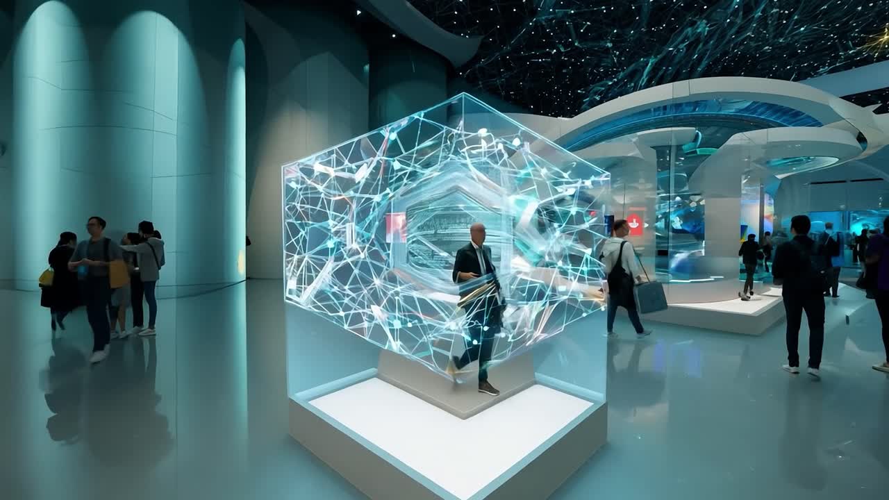 빛나는 유리 큐브와 탐험하는 사람들로 구성된 미래의 박물관 전시물