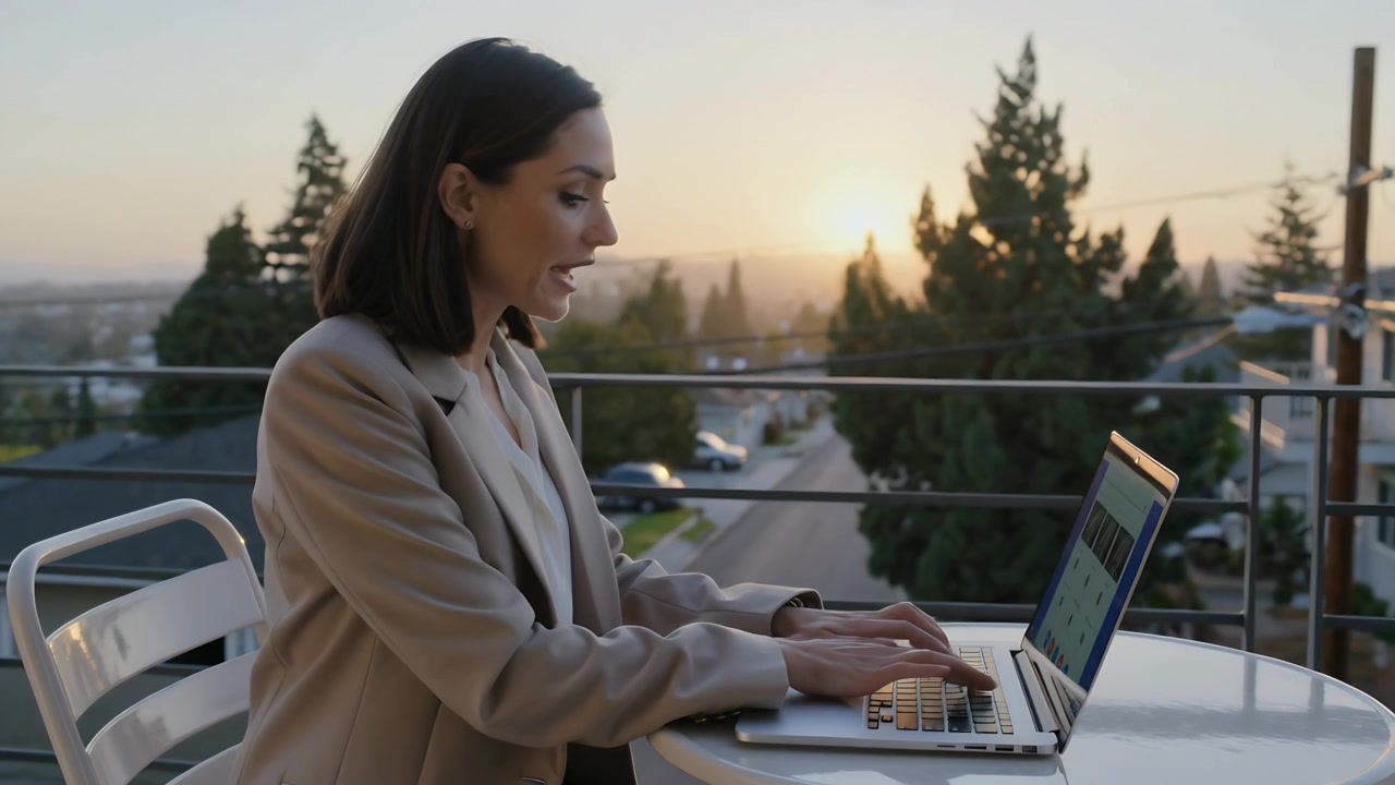 Donna in blazer beige che digita sul laptop sul balcone durante il tramonto, reagendo a un messaggio a sorpresa.