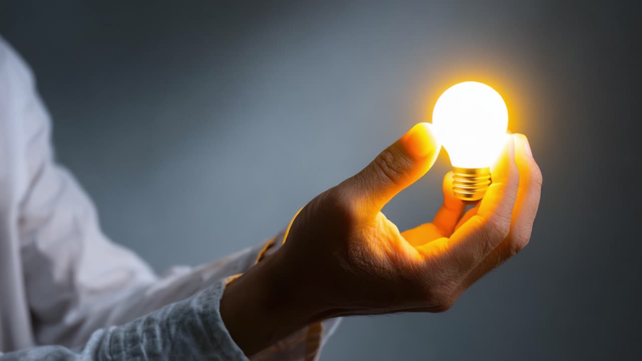 A Person Holding a Glowing Light Bulb, Symbolizing Ideas, Innovation, and Enlightenment with a Focus on Creativity and Inspiration in a Dark Background