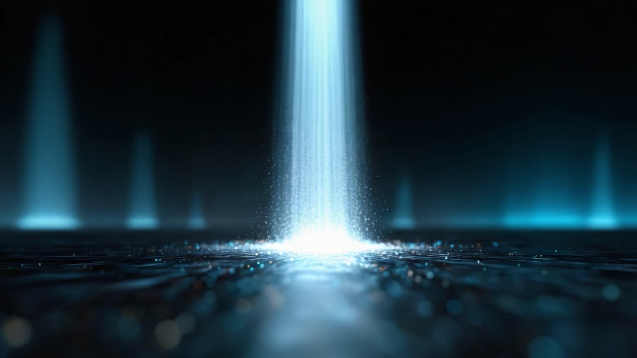 A Glimmering Waterfall of Light Descending onto a Shimmering Surface, Creating Ripples and Reflections in a Dark, Enigmatic Environment, Highlighted by Soft Blue Hues