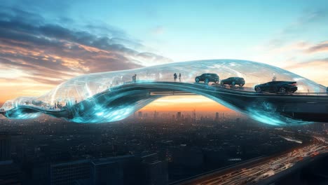 futuristic aerial bridge over a modern city at sunset
