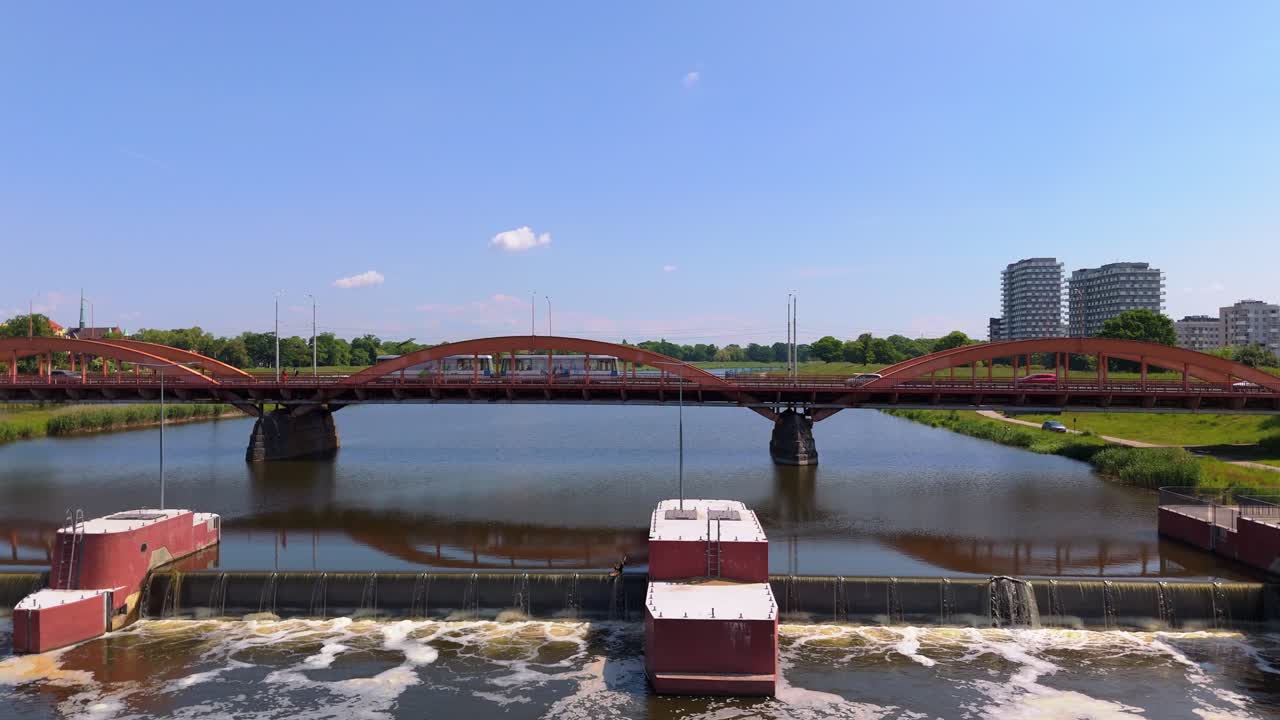 Flood Control Structures, Bridge Traffic, Odra River, Aerial Panning
