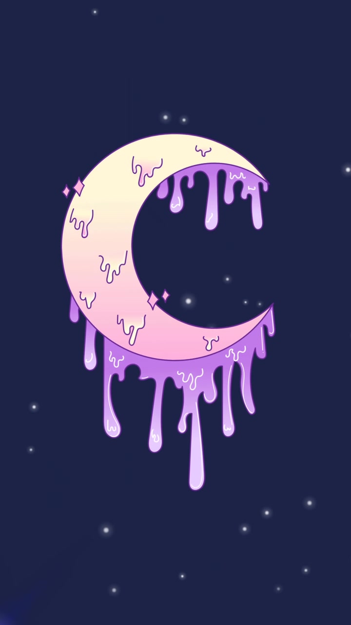 Animation of universe with melting purple crescent moon and stars on blue sky