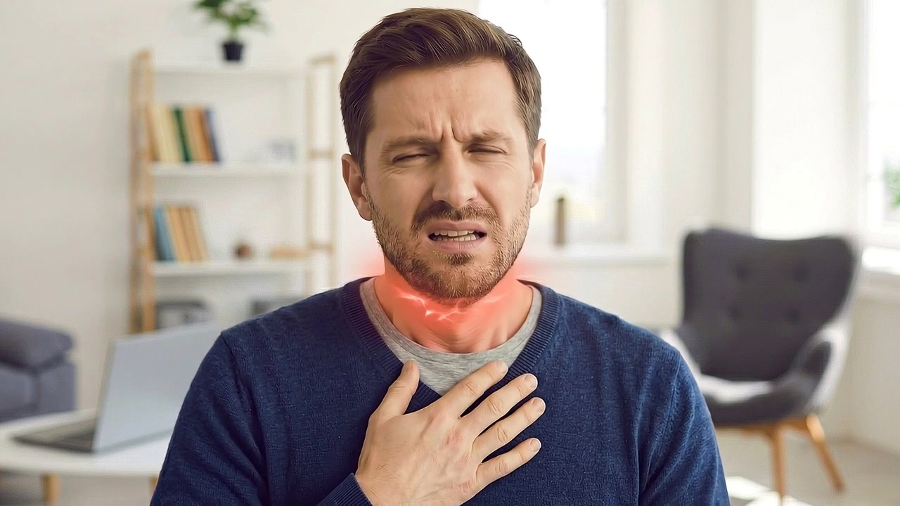 Hombre tocándose la garganta y el cuello doloridos con expresión facial preocupada en vista médica.