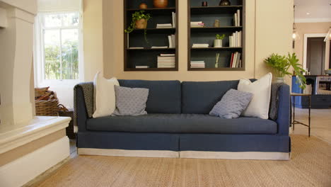 blue sofa with white pillows in cozy living room with bookshelf and window, copy space