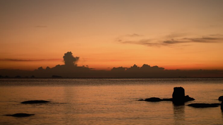 Vista al mar al atardecer dorado con piedras en el agua.