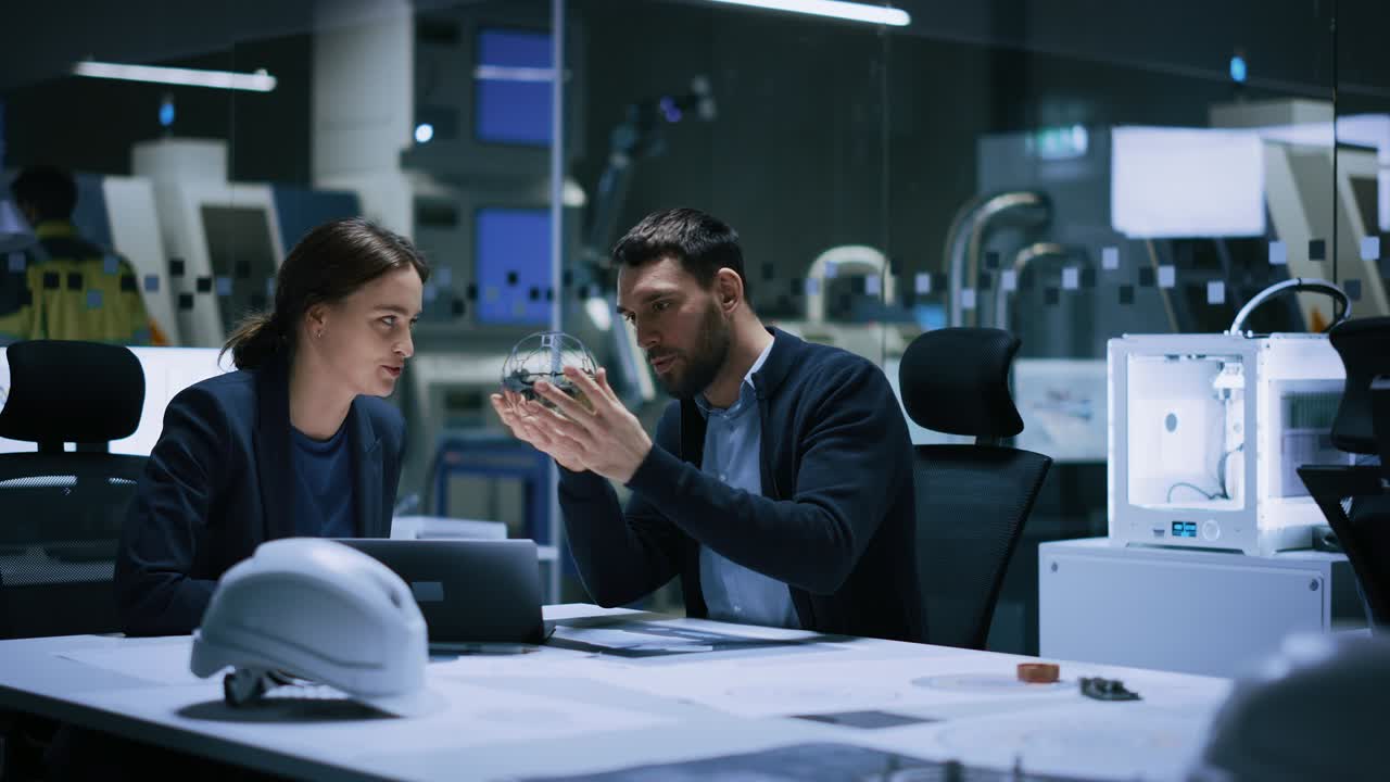 산업 4.0 현대 공장 회의실: 수석 엔지니어는 메커니즘을 들고 여성 디자이너에게 보여 주고, 그들은 이야기합니다.