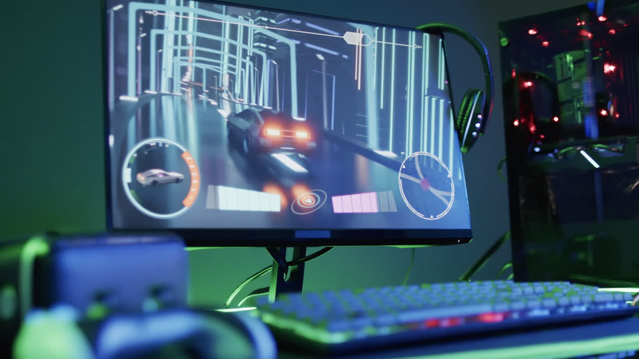Video of computer and gaming equipment on desk with copy space on neon background