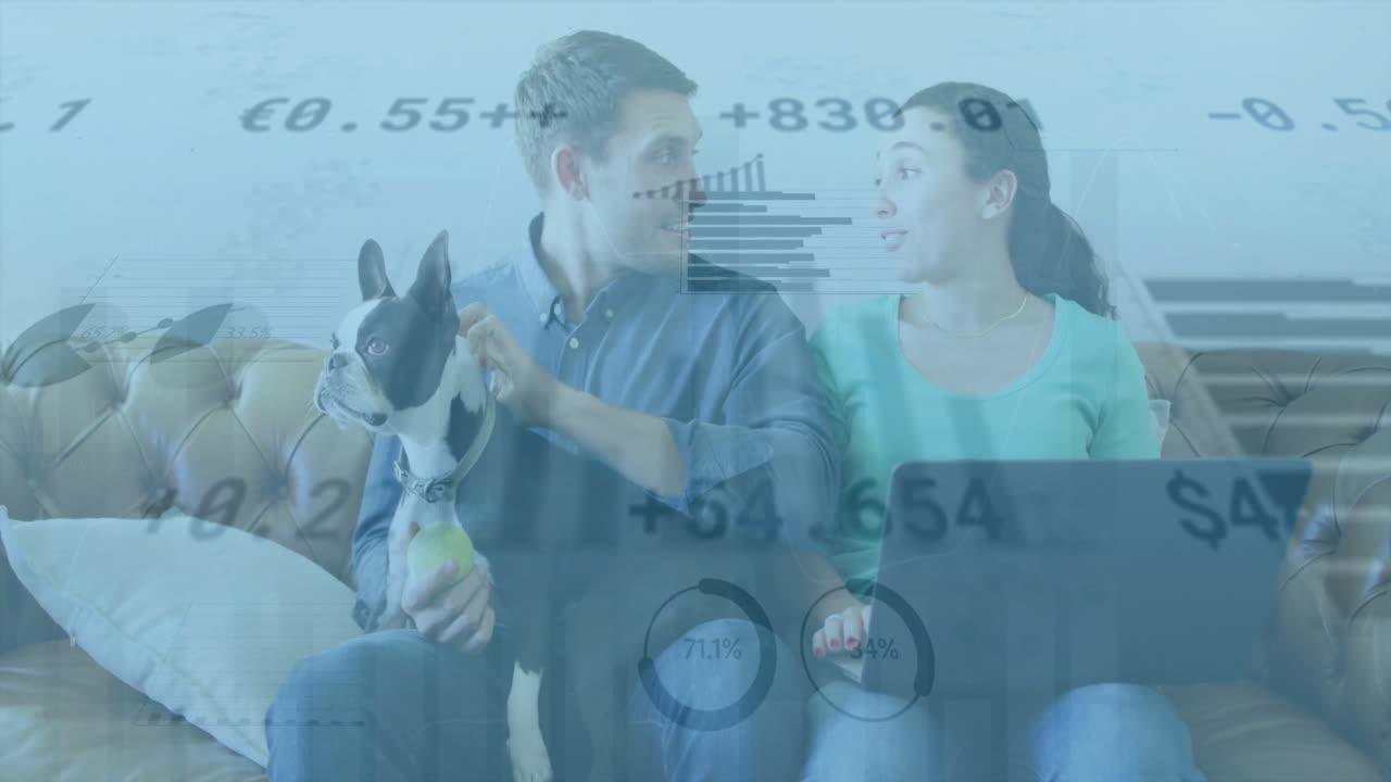집에서 논의하는 개와 함께 다양한 커플에 대한 그래프와 거래 보드의 애니메이션