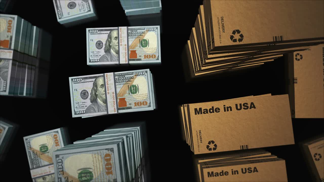 미국에서 만들어진 상자 및 미국 달러 돈  루프 3d 애니메이션