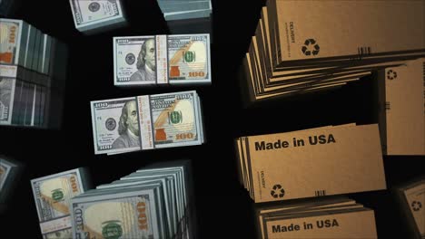 hecho en la caja de estados unidos y dólares de estados unidos dinero paquete de bucle animación 3d