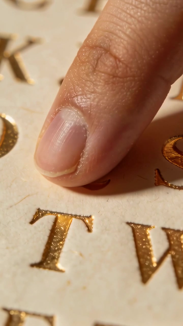 Vertical video: Pressing fingertip on gold Q, sliding and peeling decal from cream sheet for craft