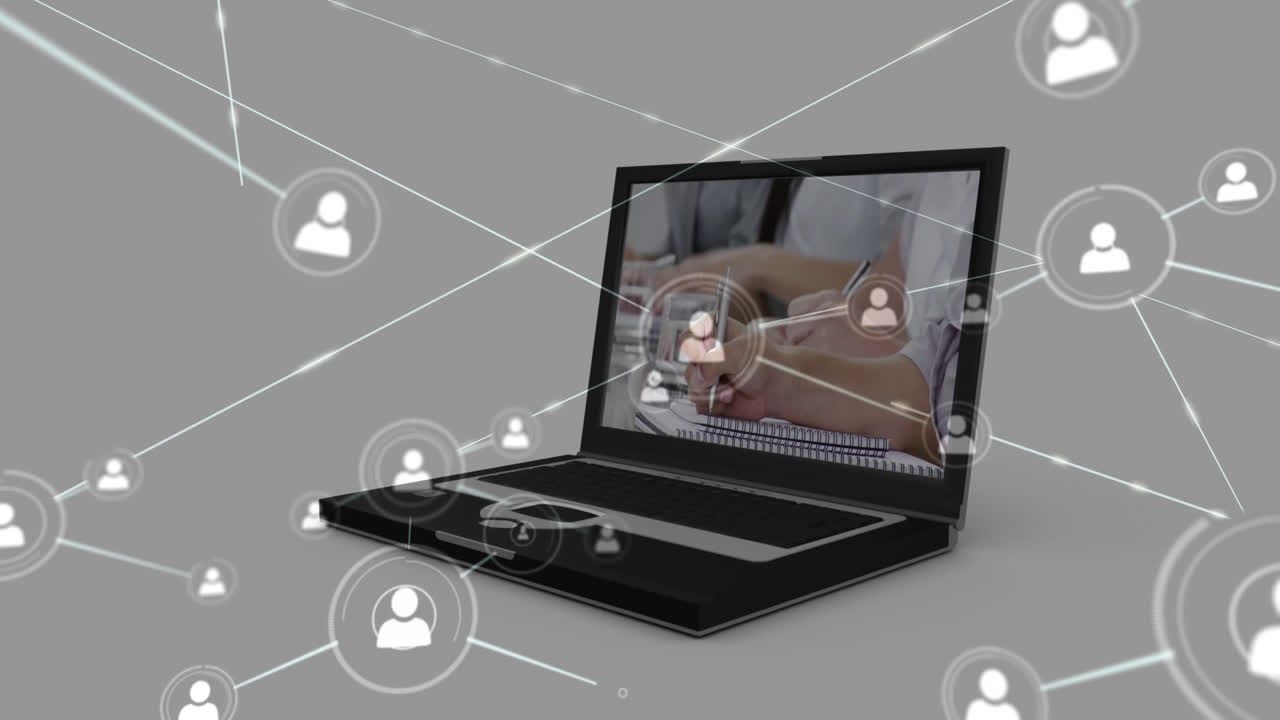 Animation of connected icons over businesspeople in laptop against white background