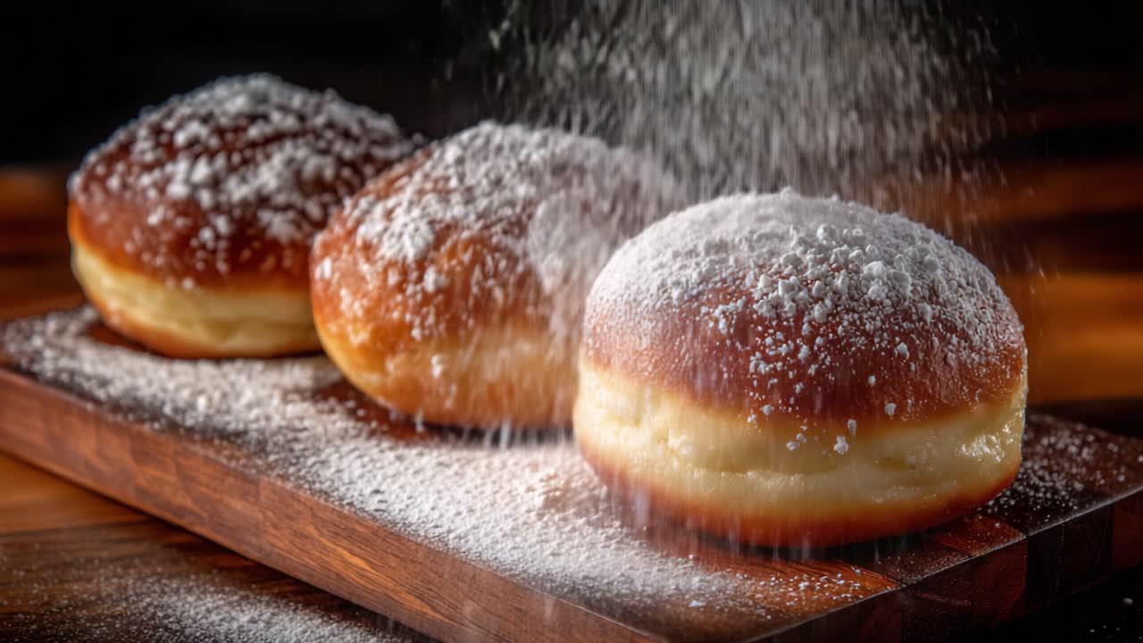 Köstlich weiche und fluffige Donuts mit einer Puderzuckerbestäubung, perfekt auf einem Holzbrett arrangiert, die das Wesen verwöhnender Leckereien einfangen.