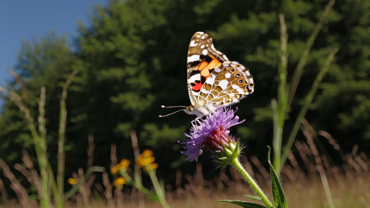 Video con angolazione dal basso che cattura un vibrante prato fiorito sotto un sole splendente e un cielo blu