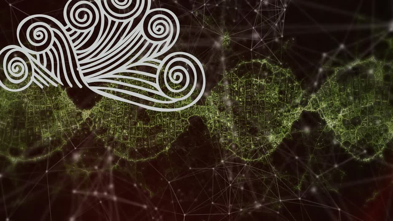 Patrón vegetal animado, hebra de ADN girando sobre redes de conexiones.