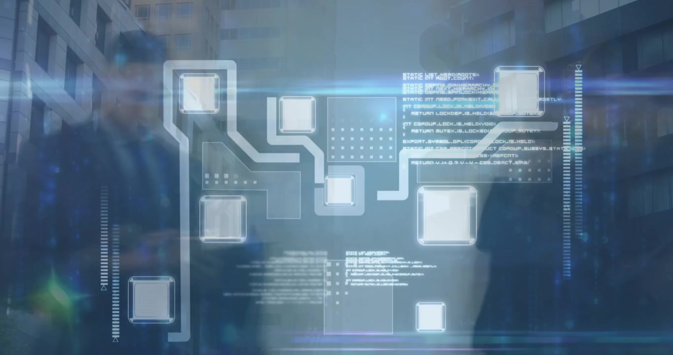 Animation of integrated circuit over timelapse with businesspeople walking