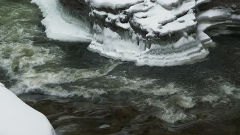 freezing mountain river flowing by ice covered rocks at winter, ausable chasm